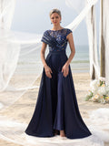 Womens' Elegant Beaded & Sequined Satin Jumpsuit with V-Neckline, Low Back & Flowing Skirt – Glamorous Evening Wear