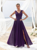 Womens' Elegant Mother-of-the-Bride Gown: Floral Appliqué V Neck & Chiffon Skirt – Open-Back Wedding Formal Dress