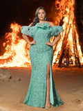 Plus Off Shoulder Ruffle Trim Split Thigh Sequin Mermaid Dress