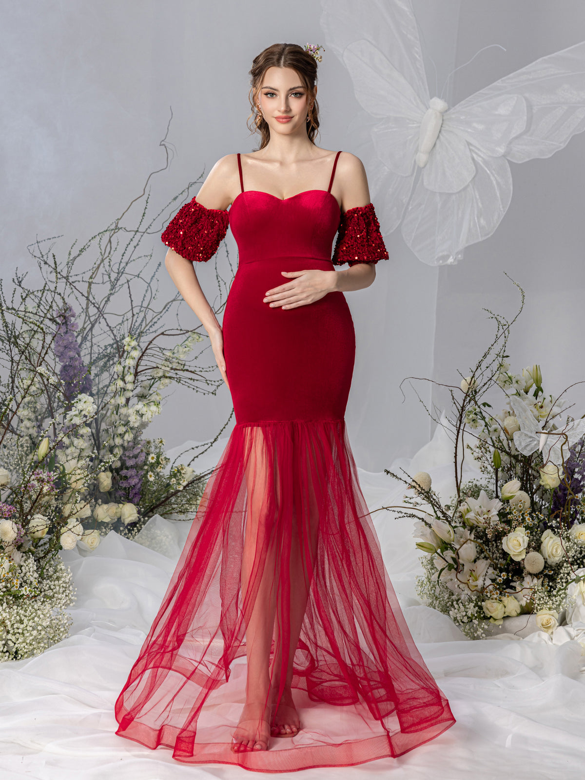 Maternity Puff Sleeve Mermaid Hem Velvet Cami Dress
