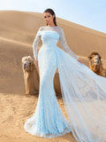 Luxury Gorgeous Pearl Embellished Draped Side Mermaid Hem Beaded Evening Dress
