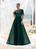 Womens' Elegant Lace Floor-Length Evening Gown for Mother of the Bride – Flared Short Sleeves, Chest-to-Waist Lace Motifs, Voluminous Flowing Skirt for Beach Coastal Weddings & Family Gatherings