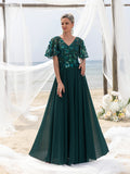 Womens' Elegant Mother-of-the-Bride Gown: Floral Sequin-Embellished Bodice & Chiffon Skirt – V Neckline & Flutter Sleeves for Coastal Weddings