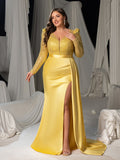 Plus Sequin Long Sleeve V-Neck Formal Dress, Satin Mermaid Train Evening Gown