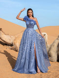 Luxury Gorgeous Ruffle Trim One Shoulder Beaded Sequin Formal Dress
