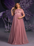 Plus Maternity Floral Sequin Embroidered Bodice Formal Party Dress