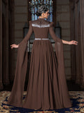 Elegant Mock Neck Extra-Long Sleeves Chiffon Evening Gown with White Bead Accents
