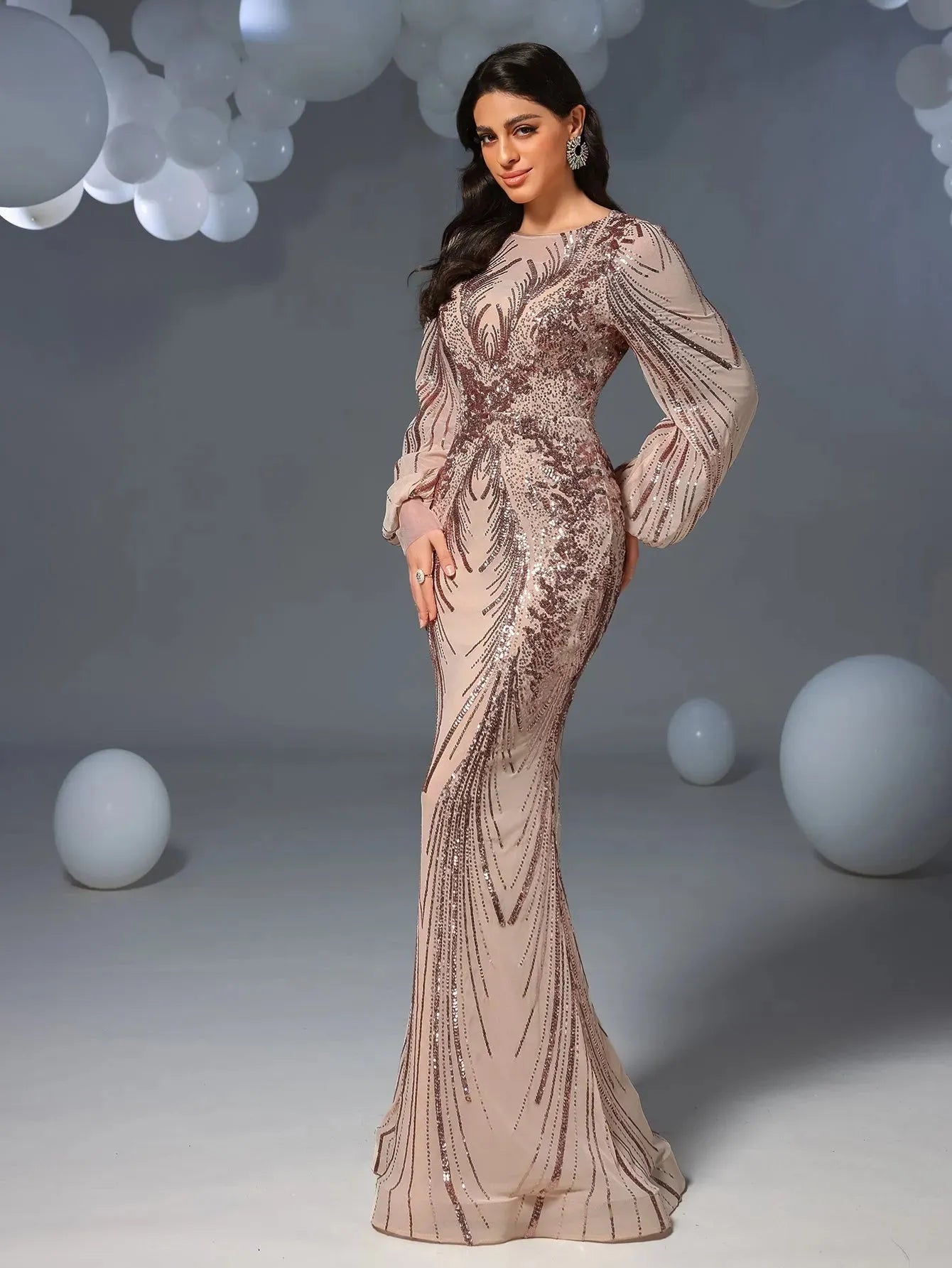 Gorgeous Lantern Sleeves Mermaid Hem Graphic Sequin Evening Dress