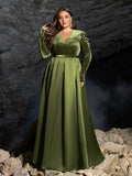 Plus V Neck Long Sleeve Belted Satin A Line Dress