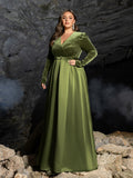 Plus V Neck Long Sleeve Belted Satin A Line Dress