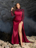 Plus High Neck Beaded Long Sleeve Gown | Side Slit & Mermaid Silhouette