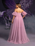 Plus Maternity Strapless Tulle Gown with Puffed Sleeves & Ruched Bodice – Elegant 1XL-5XL Pregnancy Dresses for Photoshoots