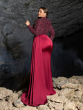 Plus High Neck Beaded Long Sleeve Gown | Side Slit & Mermaid Silhouette