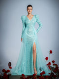 Gigot Sleeves Split Mermaid Hem Sequin Formal Dress