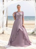 Womens' Chiffon Floor-Length Evening Gown with Short Sleeves & Floral Lace – Elegant Mother of the Bride Dress with Layered Ruffle for Coastal Events, Evening Banquets & Family Gatherings