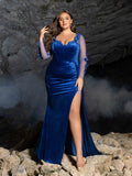 Plus Floral Embroidered Velvet Evening Dress | Illusion Sleeves with Low Back & High Slit