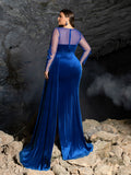 Plus Floral Embroidered Velvet Evening Dress | Illusion Sleeves with Low Back & High Slit