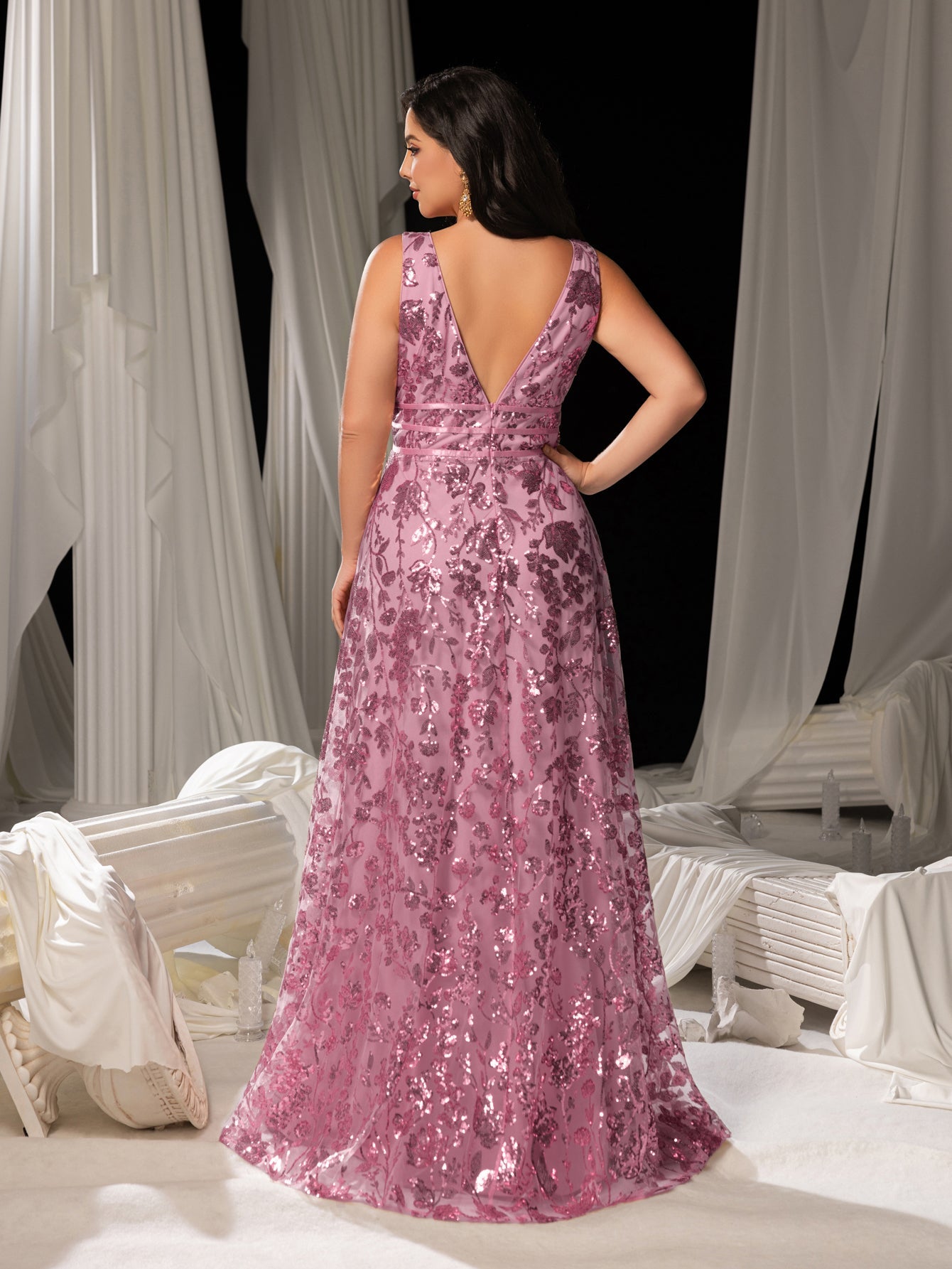 Plus Plunging Meck Backless Floral Sequin Prom Dress