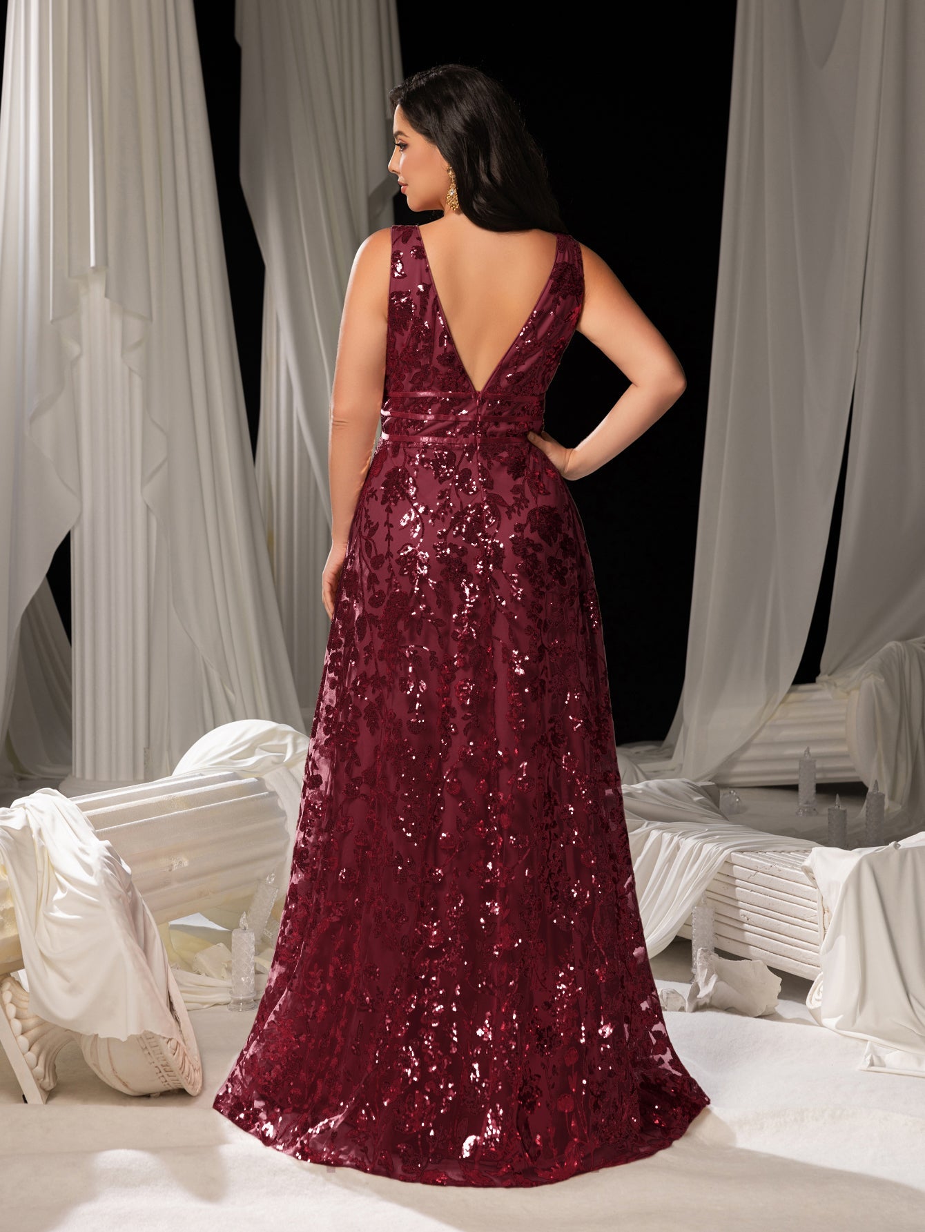 Plus Plunging Meck Backless Floral Sequin Prom Dress