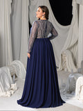 Plus Chiffon V-Neck Evening Gown with Silver Sequined Translucent Sleeves & Floor-Length Skirt