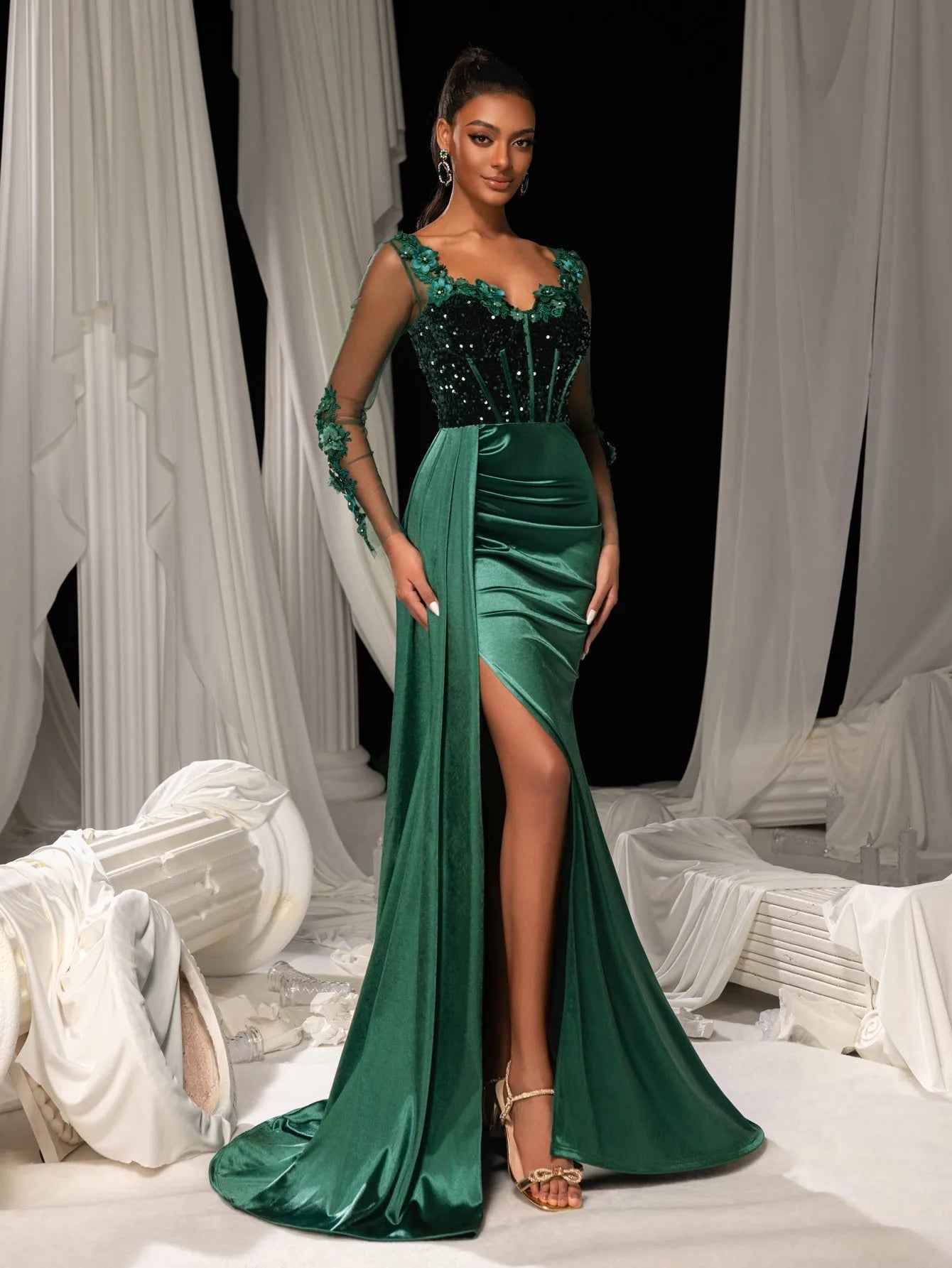 Elegant Sequin Bodice Sheer Sleeves Mermaid Hem Satin Evening Dress