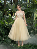 Midi Luxurious Off-Shoulder Gown with Intricate Sequin & Tiered Tulle Skirt – Elegant Dress for Opera Galas, Palace Receptions & VIP Dinners