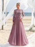 Womens' Gorgeous Mother-of-the-Bride Gown: Embroidered Lace Long Sleeves & Chiffon Skirt – Elegant Beach Wedding Formal Dress with Floral Detailing