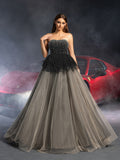 Gorgeous Strapless Rhinestone Embellished Bodice Contrast Tulle Hem Wedding Dress
