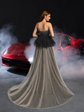 Gorgeous Strapless Rhinestone Embellished Bodice Contrast Tulle Hem Wedding Dress