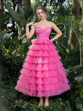 Midi Elegant Strapless Tulle Gown with Ruffled Layers – Voluminous Dress for Tropical Events, Garden Parties & Summer Galas