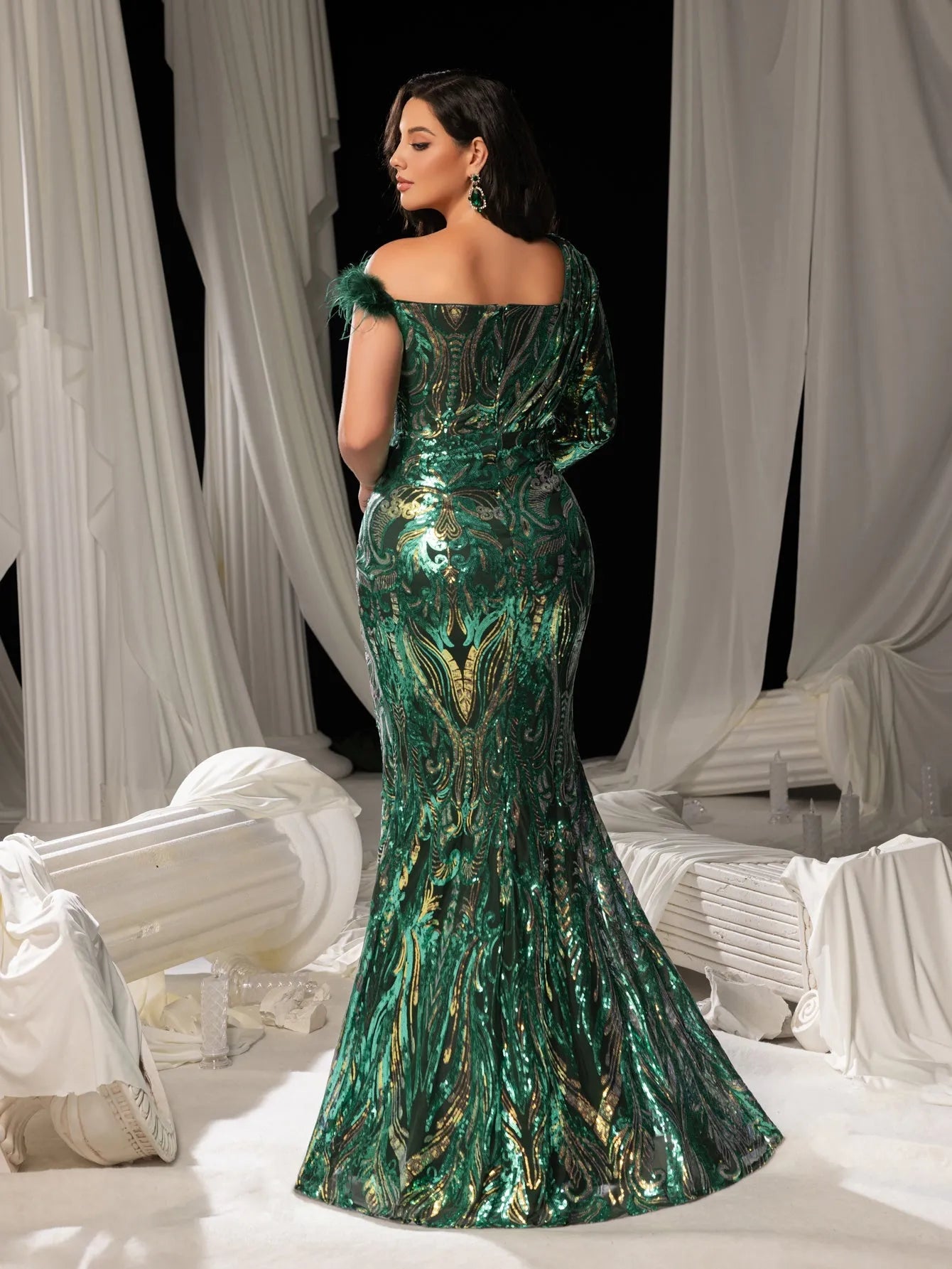 Plus One Shoulder Ruched Wrap Hem Sequin Prom Dress