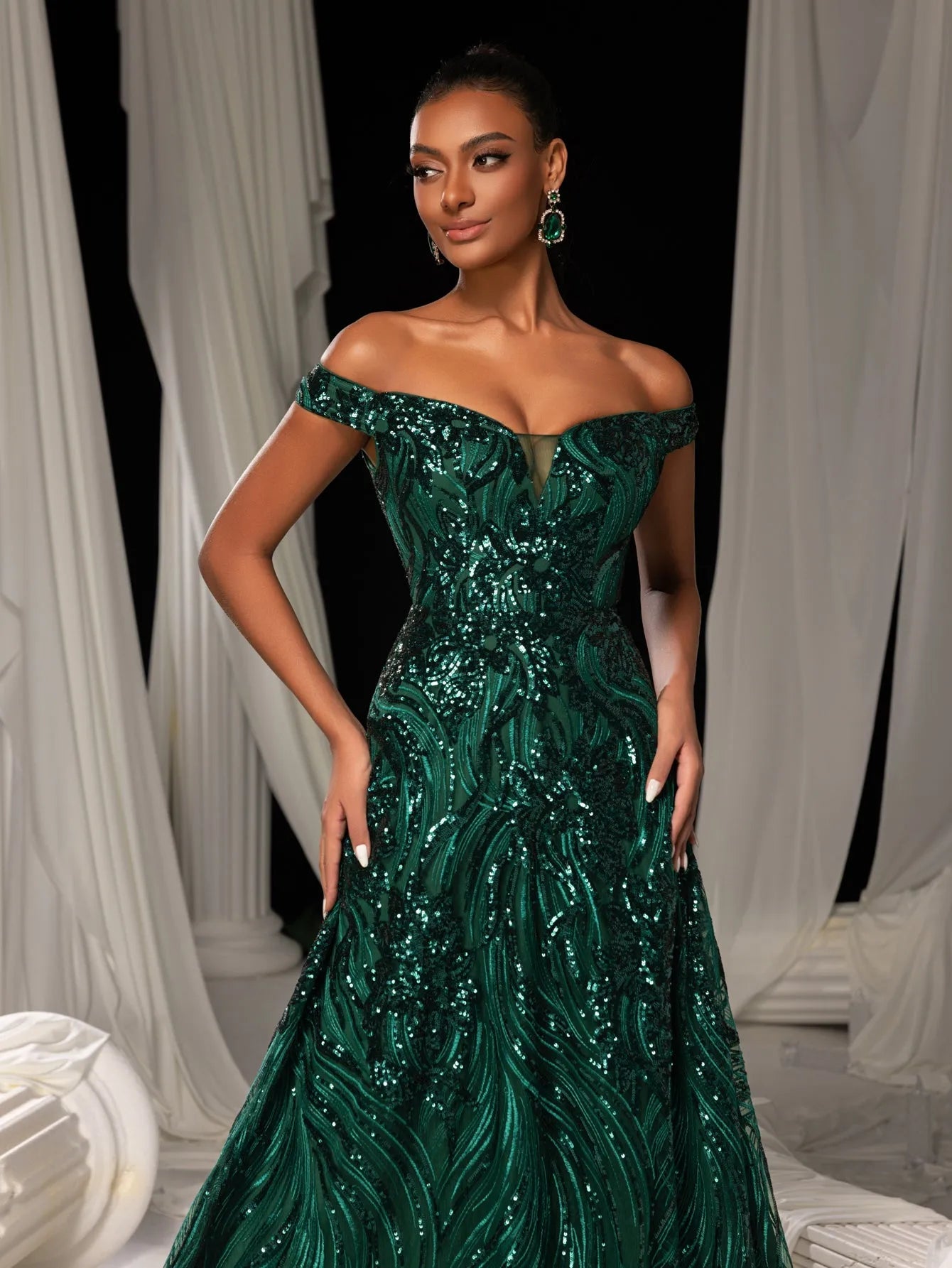 Elegant Off Shoulder Graphic Sequin Formal Prom Dress