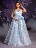 Plus Maternity Plunging Neck Sleeveless Applique Detail Tulle Overlay Party Dress