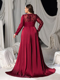 Plus Long Sleeves Mermaid Hem Satin Evening Dress with Floral Sequin Accents
