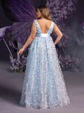 Plus Maternity Plunging Neck Sleeveless Applique Detail Tulle Overlay Party Dress