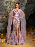 Elegant Crisscross Halter Neck Cloak Sleeves Mermaid Hem Sequin Formal Dress