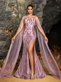 Elegant Crisscross Halter Neck Cloak Sleeves Mermaid Hem Sequin Formal Dress