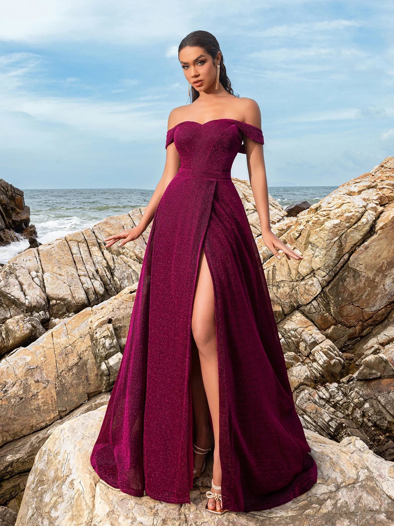 Glitter Off Shoulder A Line Split Thigh Evening Dress