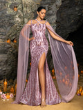Elegant Crisscross Halter Neck Cloak Sleeves Mermaid Hem Sequin Formal Dress
