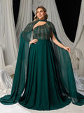 Plus High Neck Chiffon Gown with Detachable Cape | Asymmetrical Cutout & Beaded Embroidery