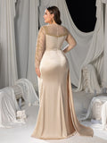 Plus High Slit Mermaid Hem Satin Evening Dress with Sequinl Accents
