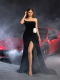 Elegant Strapless Draped Side Split Mermaid Hem Velvet Evening Dress