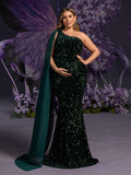 Plus Maternity Sequin Gown with Single-Shoulder Cape & Mermaid Silhouette – Elegant 1XL-5XL Pregnancy Evening Dress