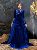 Elegant Velvet High-Neck Formal Dress | Long Sleeve Beaded Evening Gown with Sweep Train