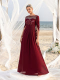 Womens' Elegant Mother of the Bride Gown with Rhinestone Neckline & Floral Appliqué – Floor-Length Chiffon Evening Dress for Formal Galas