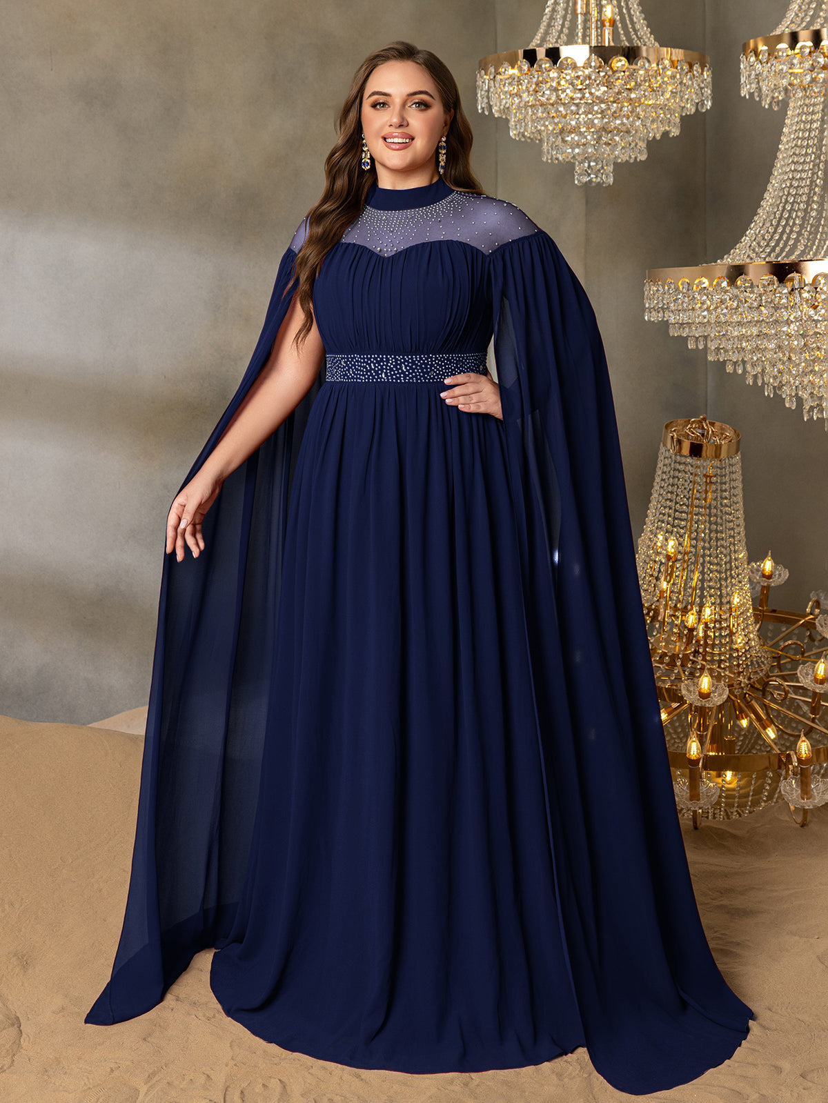 Plus Dramatic Cape Evening Dress | High Neck Chiffon with Rhinestone Details