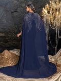 Elegant Two-Piece Evening Gown with Detachable Cape | Deep V-Neck Mermaid Dress & Opera Length Rhinestone Cape