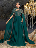 Gorgeous High Neck Chiffon Gown with Detachable Cape | Asymmetrical Cutout & Beaded Embroidery