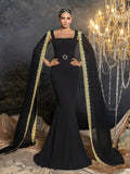 Elegant Mermaid Evening Gown with Square Neckline, Transparent Cape & Belted Waist, Golden Embroidered Edges