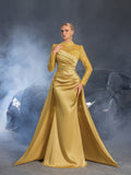 Elegant Beaded Sheer Long Sleeve Gown | High Neck & Satin Mermaid Skirt